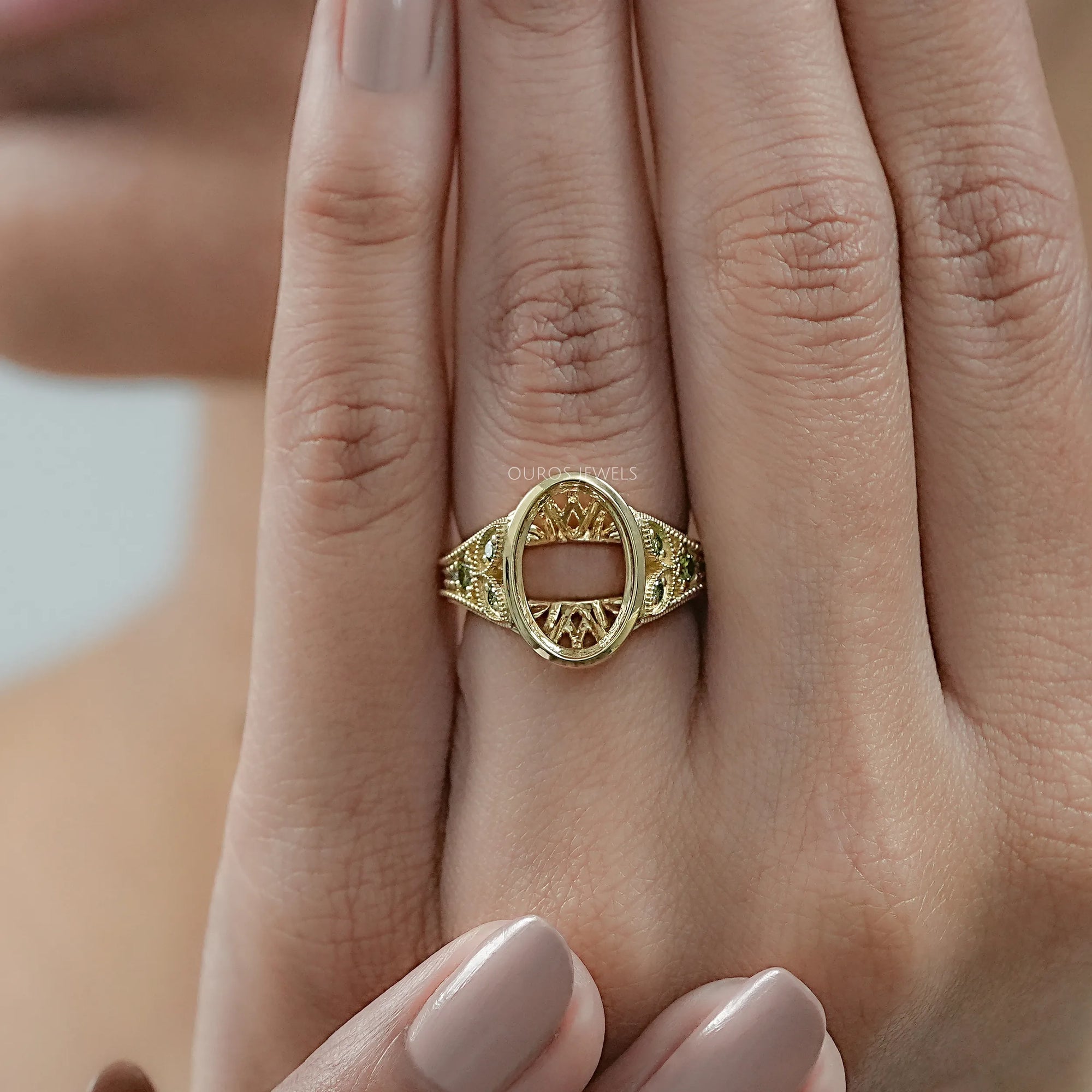 Oval Shape Accent Diamond Milgrain Set Semi-Mount Ring Ring