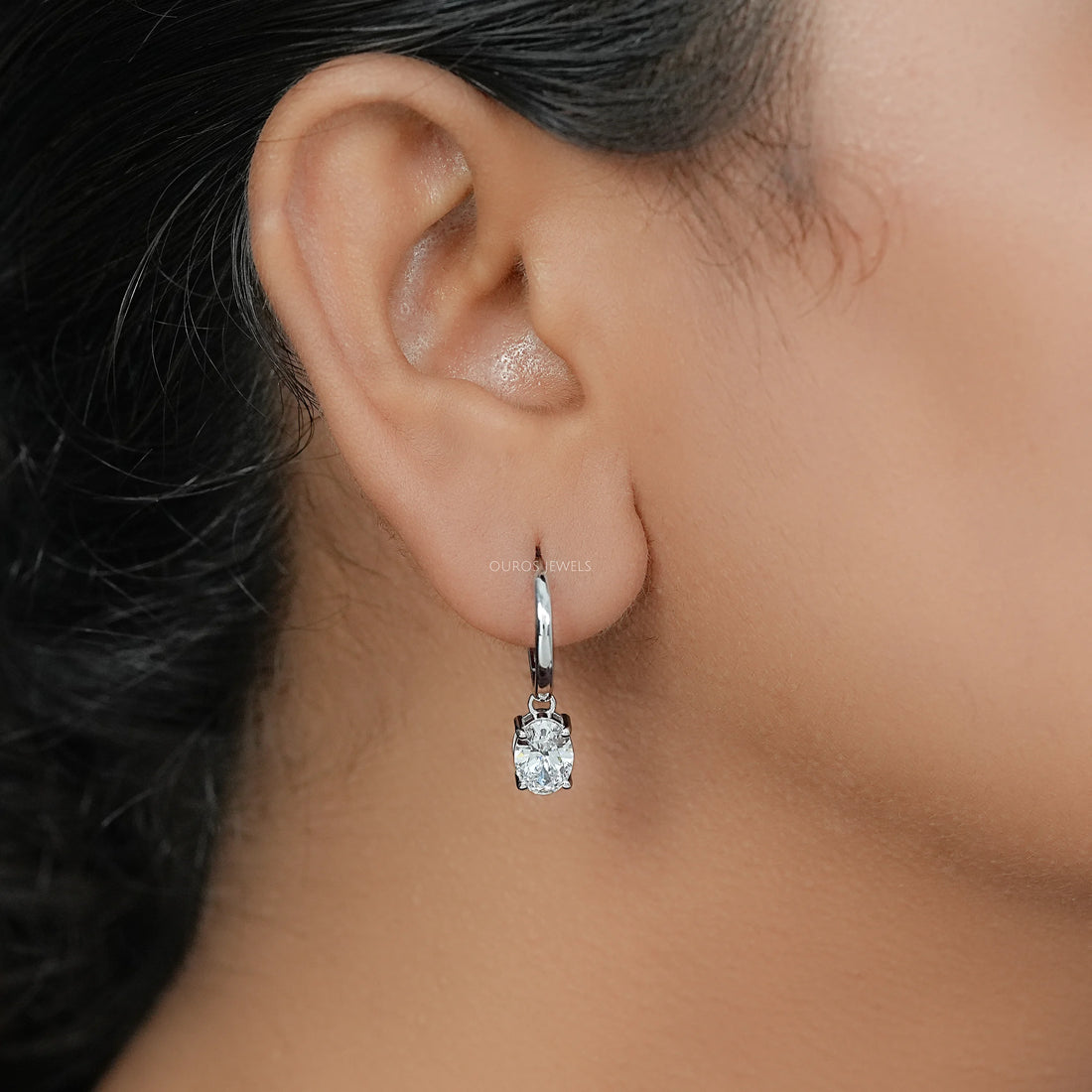 Oval Diamond Dangle Hoop Earrings Earrings
