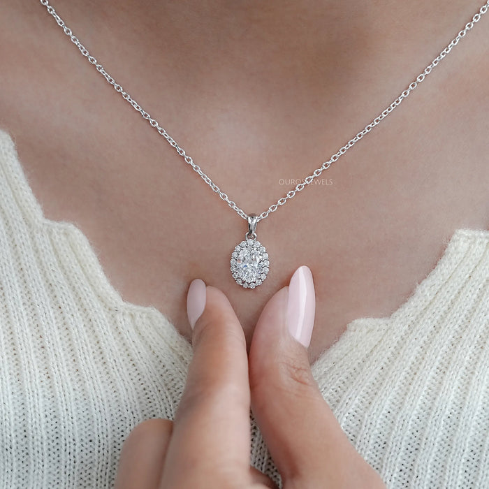 Oval and Round Lab Grown Diamond Halo Pendant Necklaces