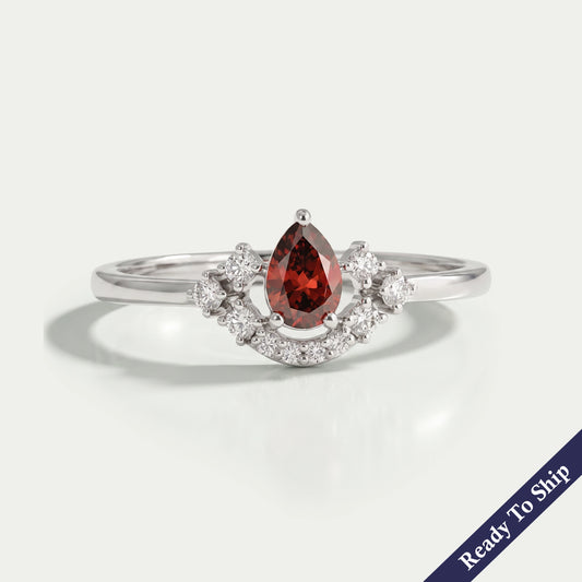 Red Pear Diamond Curved Halo Ring