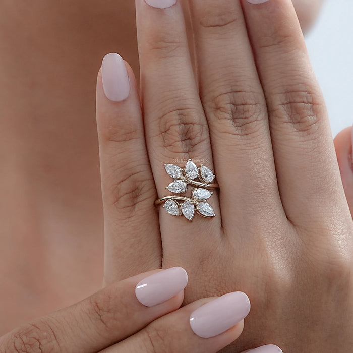 Diamond Pear Cluster Leaf Design Ring
