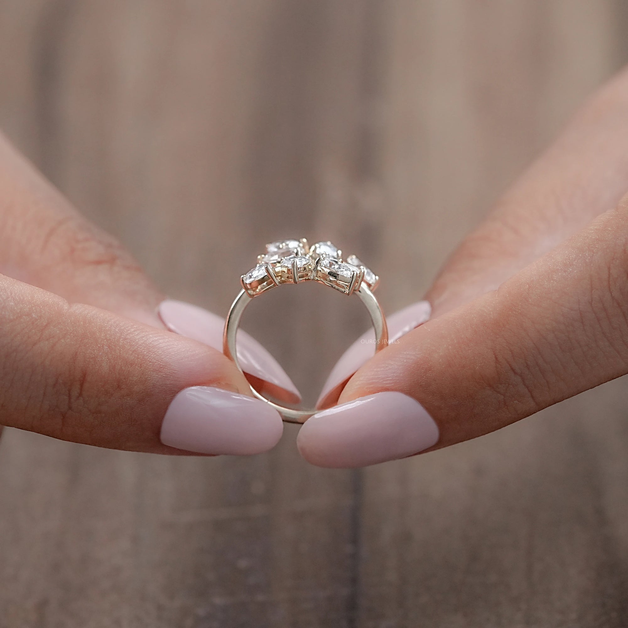 Diamond Pear Cluster Leaf Design Ring
