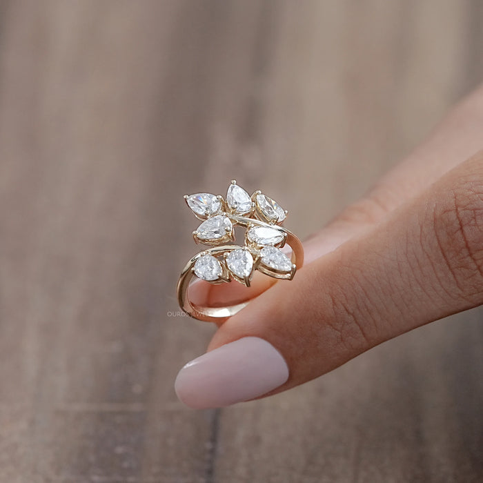Diamond Pear Cluster Leaf Design Ring