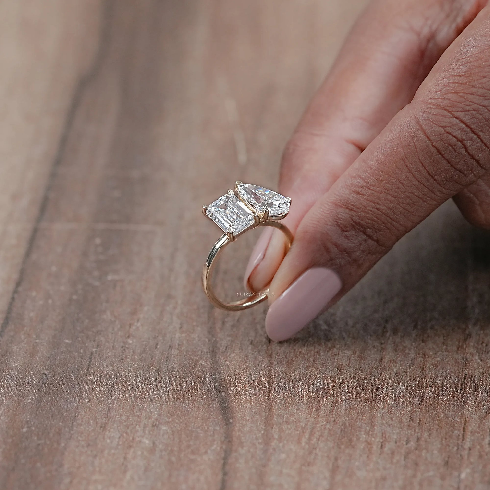 Pear And Emerald Diamond Two Stone Ring Ring