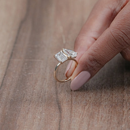 Pear And Emerald Diamond Two Stone Ring Ring