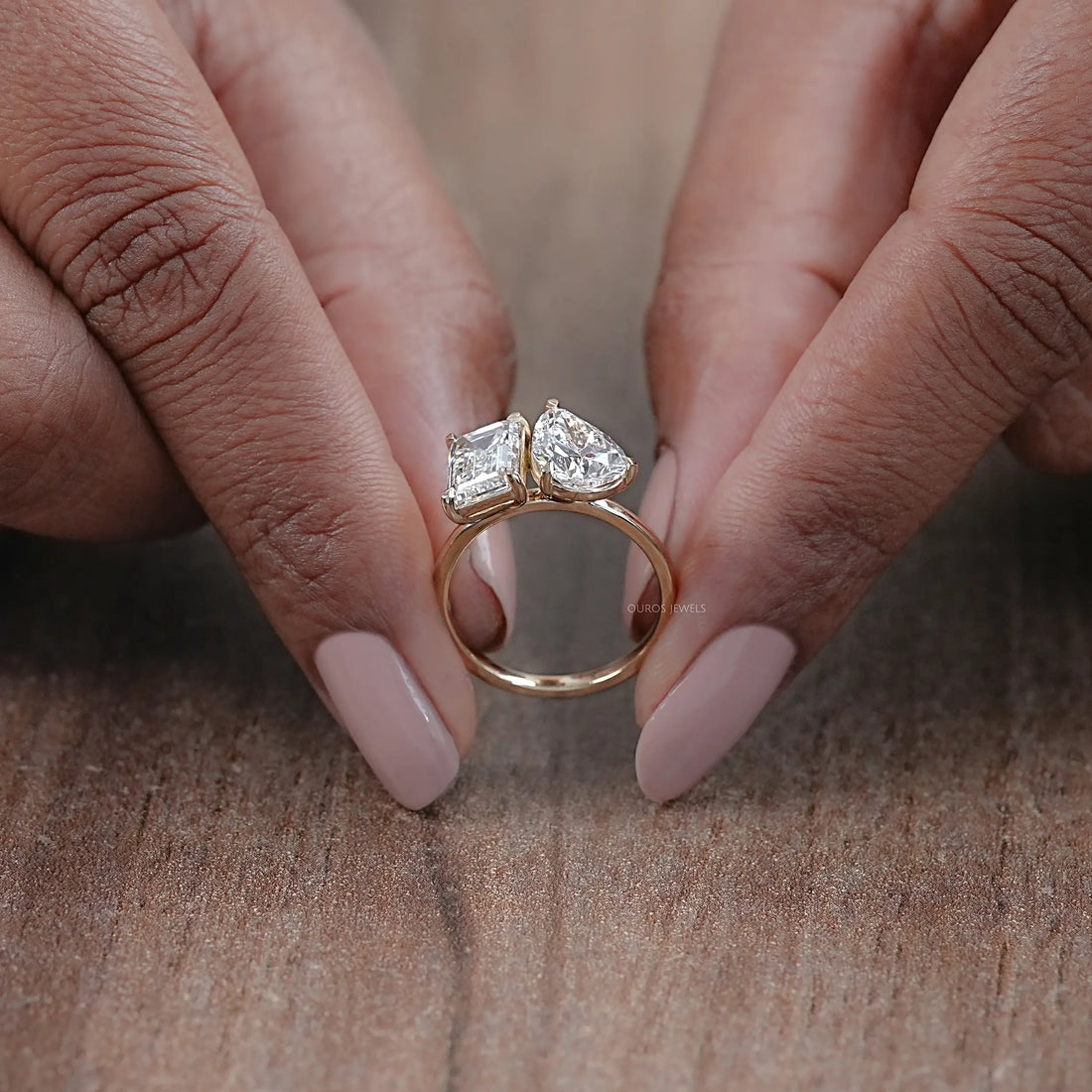 Pear And Emerald Diamond Two Stone Ring Ring