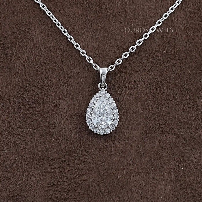 Pear Shape Lab Grown Diamond Halo Pendant Necklaces