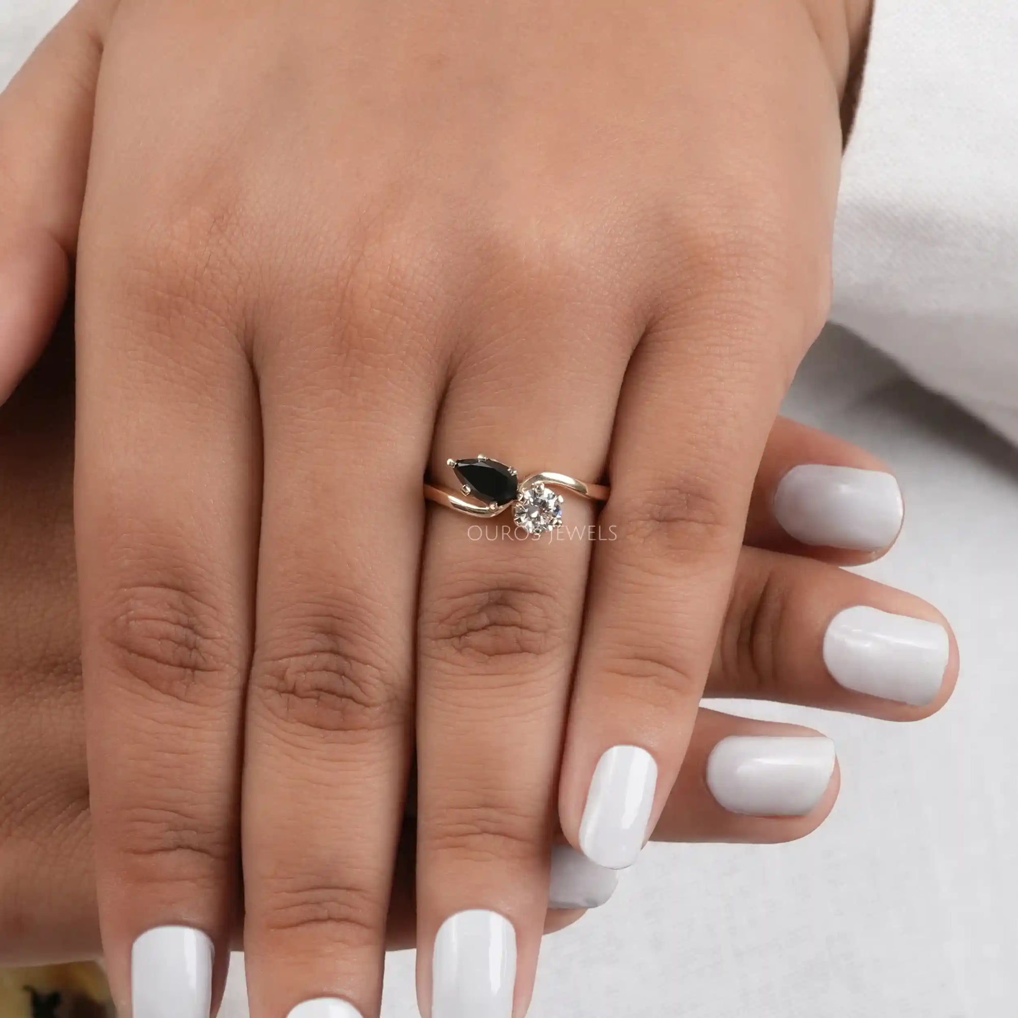 Natural Black Pear Cut Lab Grown Diamond Two Stone Ring