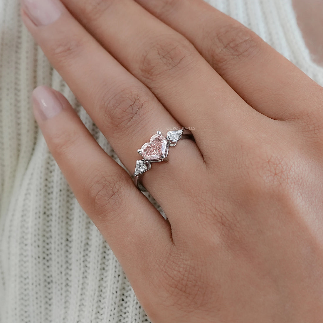 3 Stone Pink Heart Cut Diamond Engagement Ring Ring