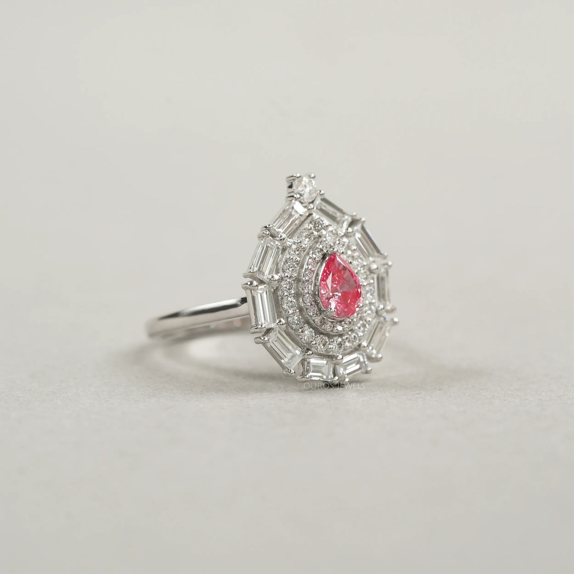 Baguette And Round Double Halo Diamond Ring