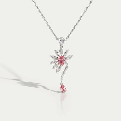 Pink Pear Flower Shape Diamond Pendant Necklaces