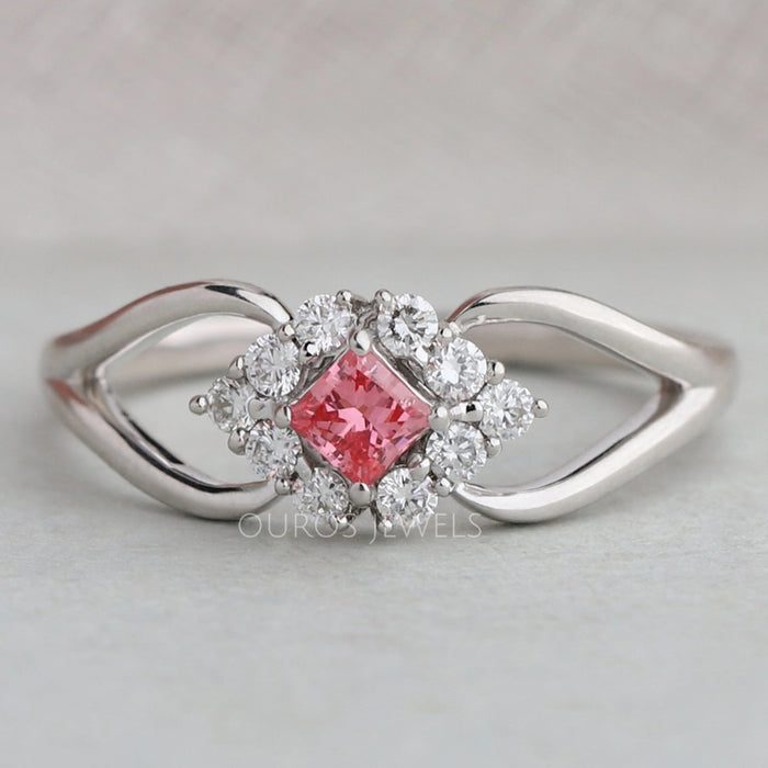 Pink Princess Cut Halo Split Shank Ring