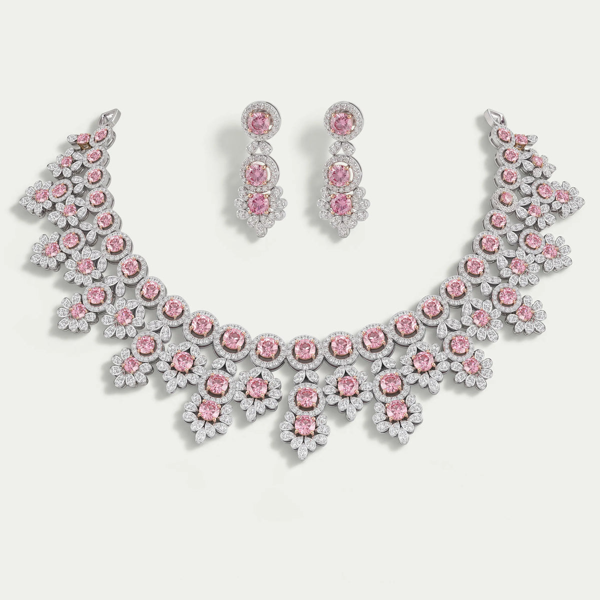 Pink Round Cut Lab Diamond Bridal Necklace Set Necklaces