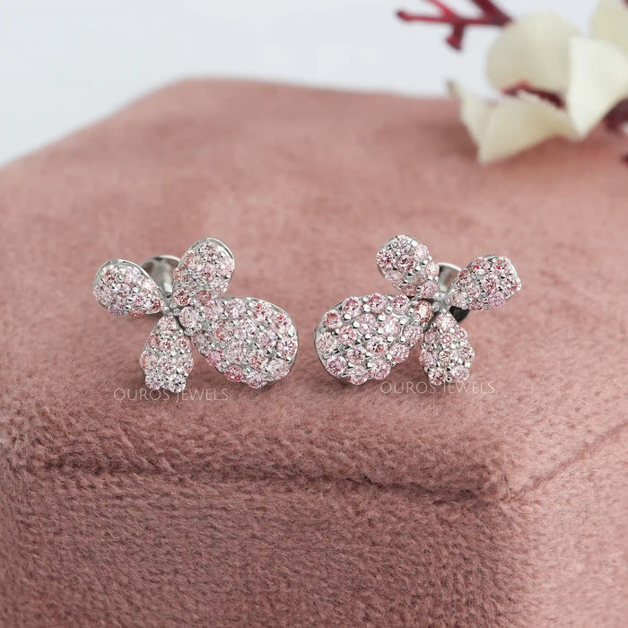 Floral Shape Pink Round Cut Push Back Stud Earrings