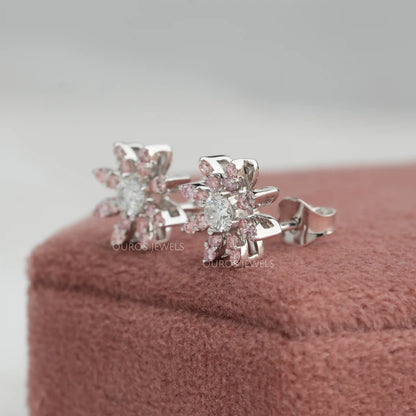 Pink Round Flower Shape Lab Diamond Stud Earrings