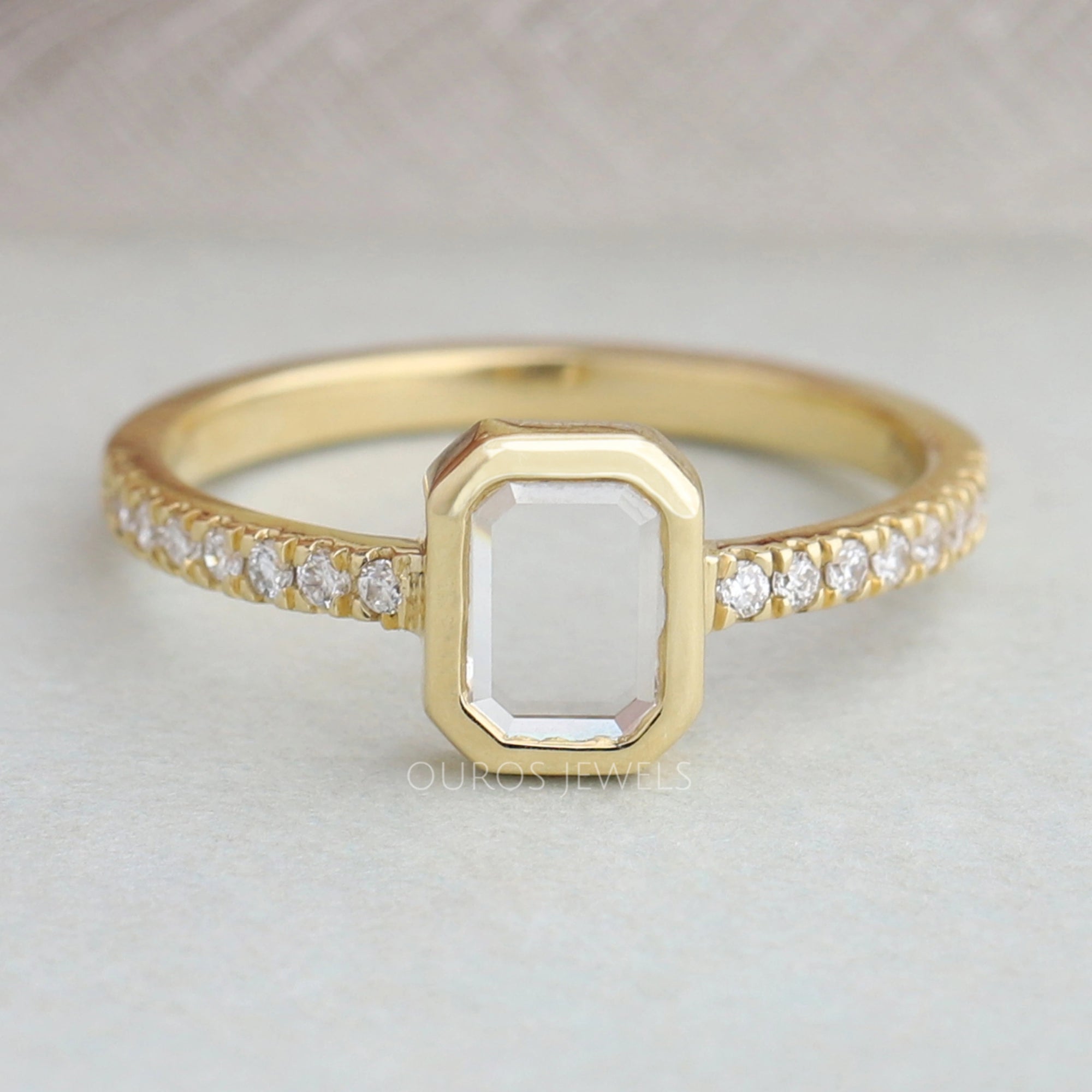 Portrait Cut Emerald Diamond Solitaire Accent Engagement Ring