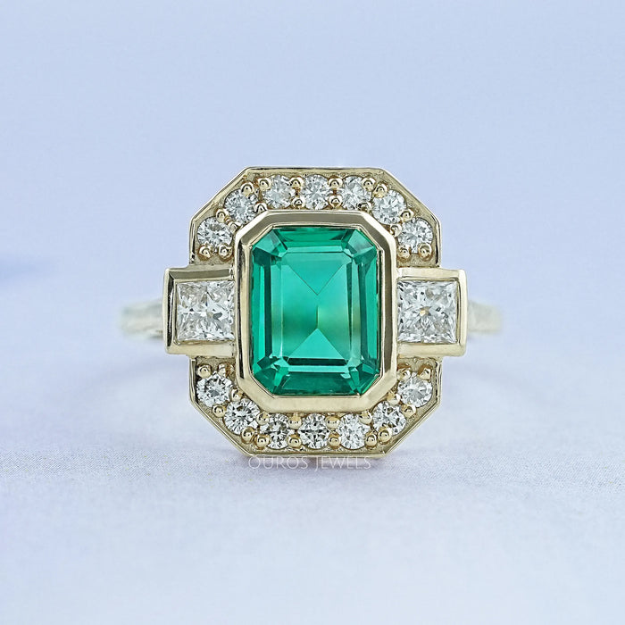 Three Stone Emerald Gemstone Halo Ring Ring