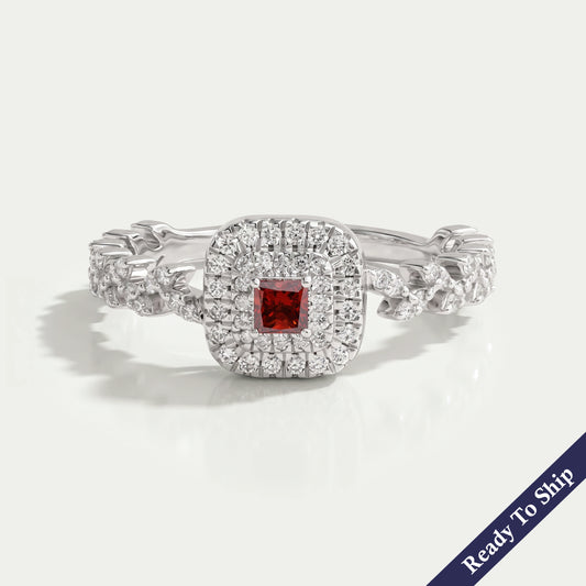 Red Princess Cut Double Halo Accent Diamond Ring