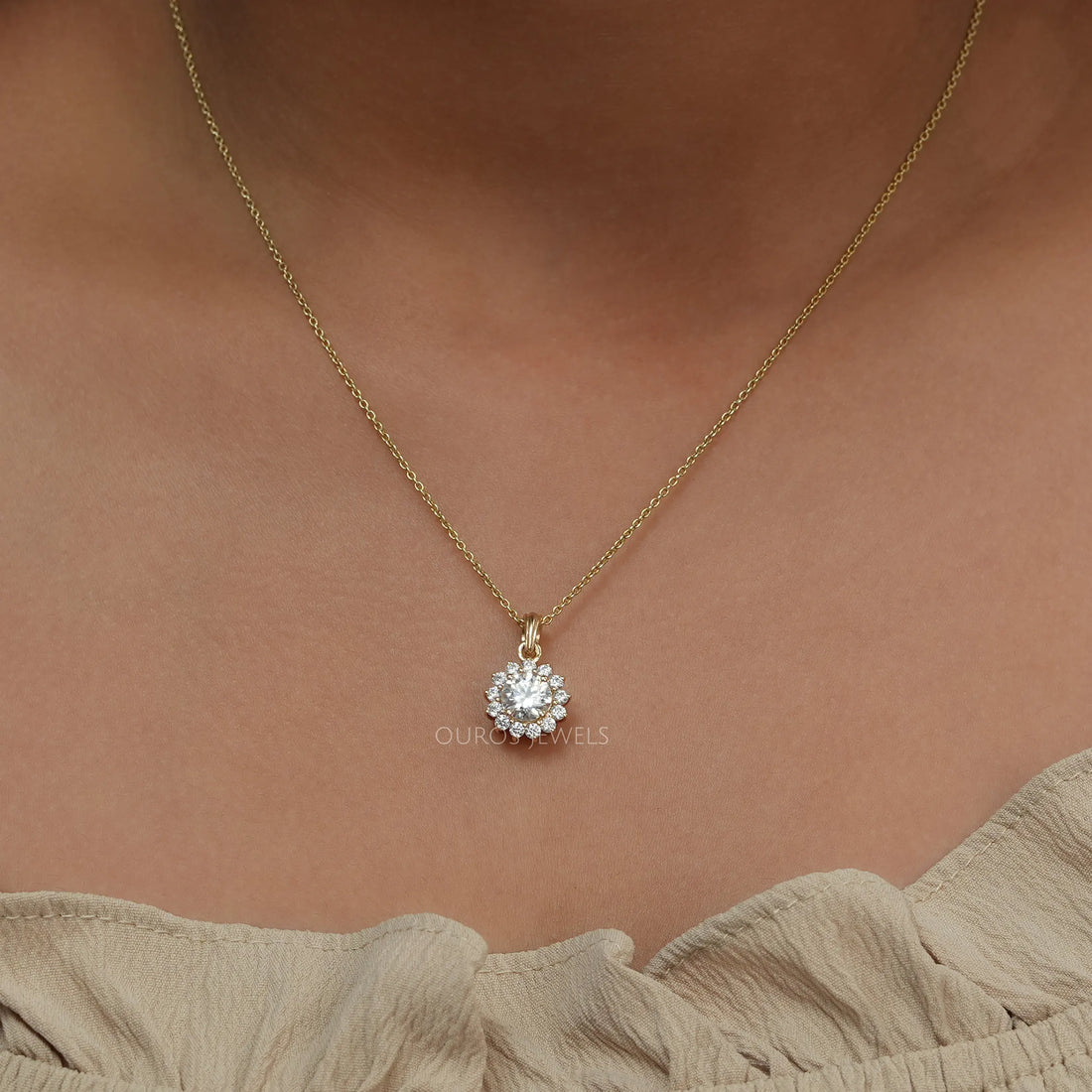Prong Set Round Cut Halo Lab Diamond Pendant Necklaces