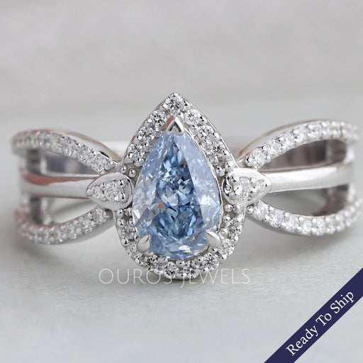 Blue Pear Cut Halo Accent Diamond Engagement Ring