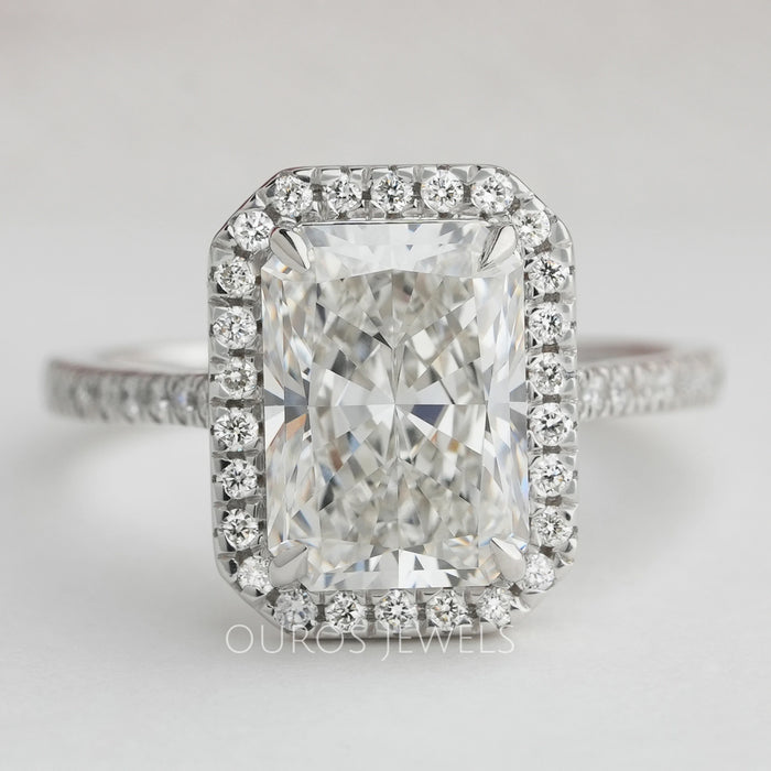 Radiant Cut Halo Solitaire Accent Engagement Ring