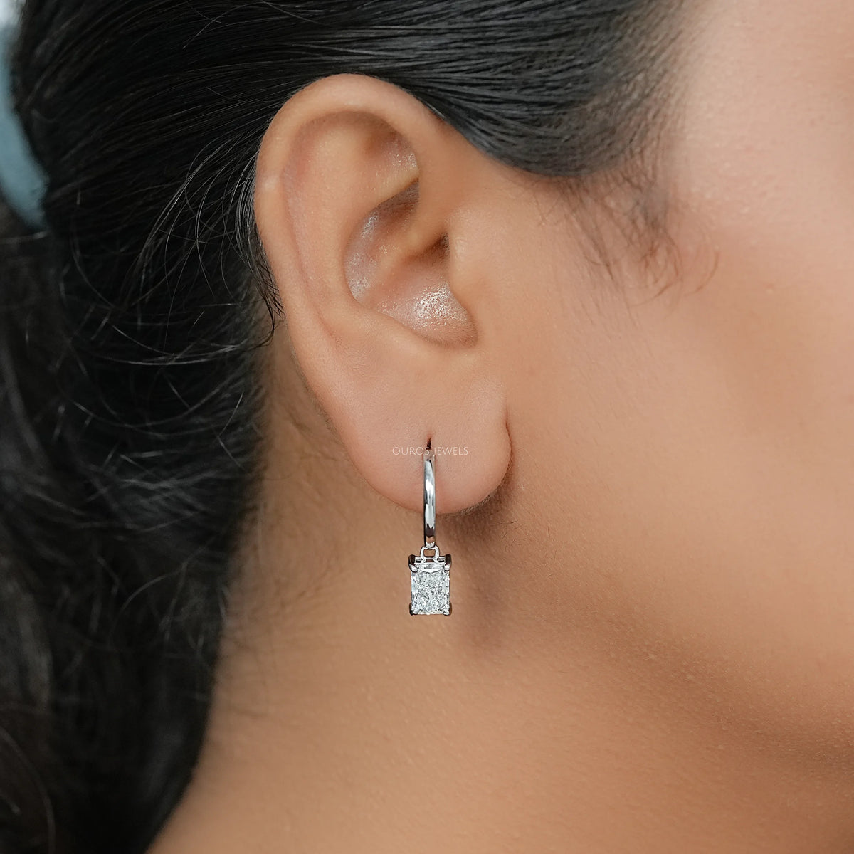 Radiant Cut Lab Diamond Dangle Hoop Earrings