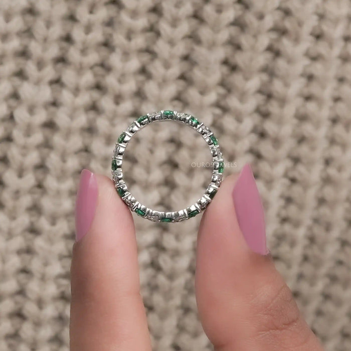 Three Row Emerald Gem And Diamond Wedding Band