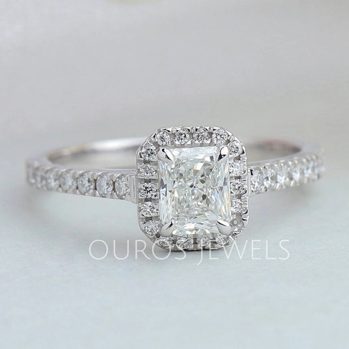 Radiant Cut Halo Solitaire Accent Diamond Ring