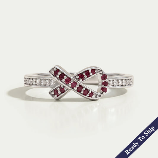 Red Round Gemstone Cancer Ribbon Ring Ring