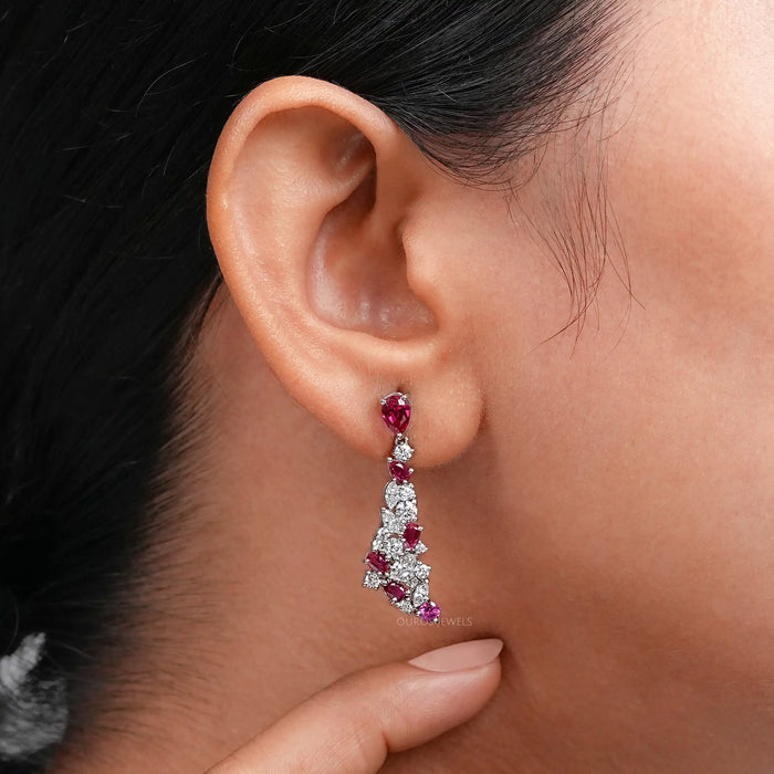 Ruby Pear Gemstone Cluster Dangle Earrings