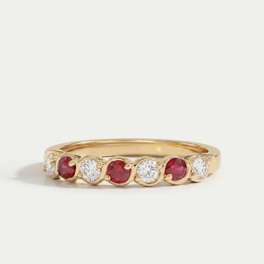 Red Gemstone Round Cut Lab Diamond Half Eternity Band