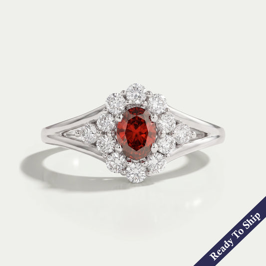 Red Oval Cut Halo Diamond Ring