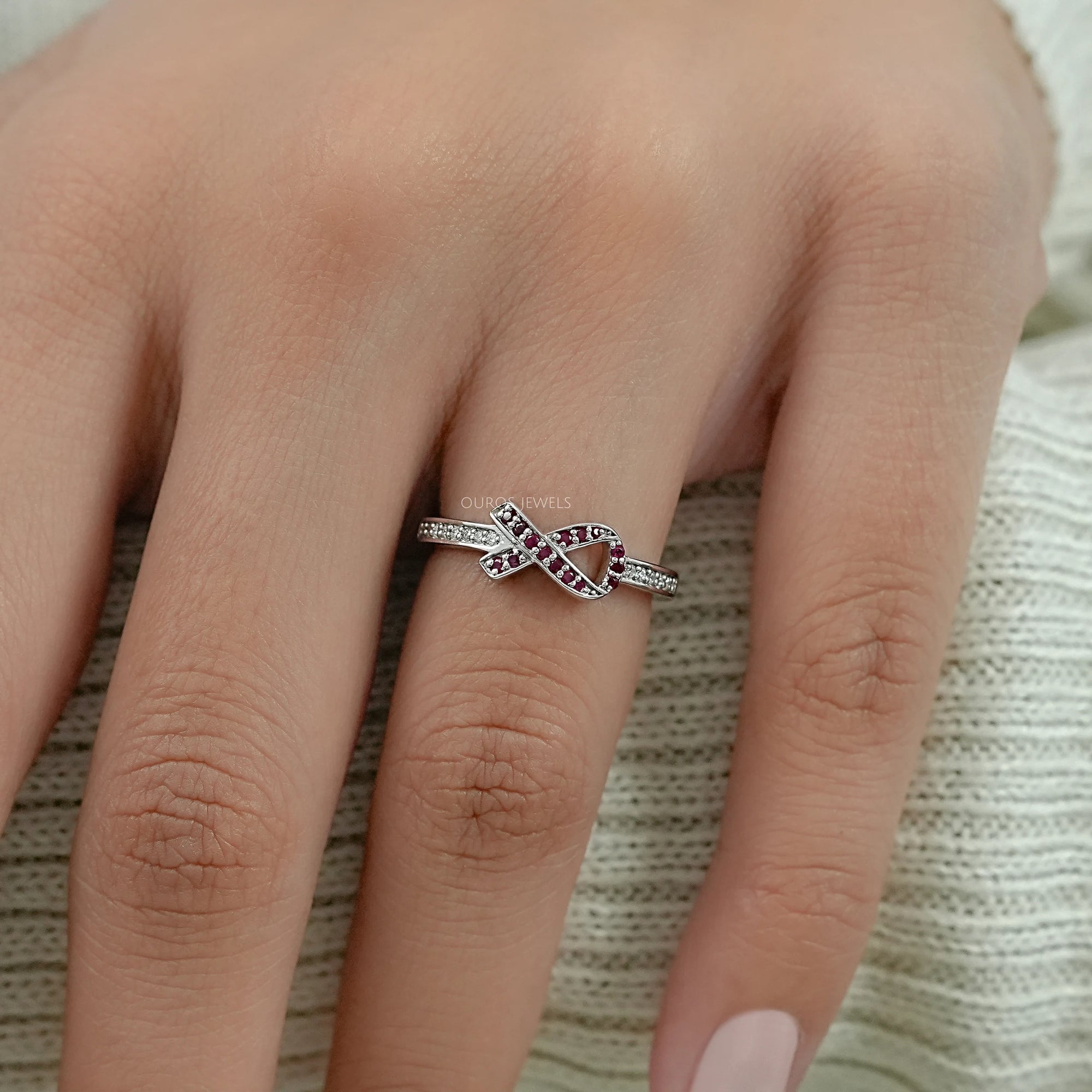 Red Round Gemstone Cancer Ribbon Ring