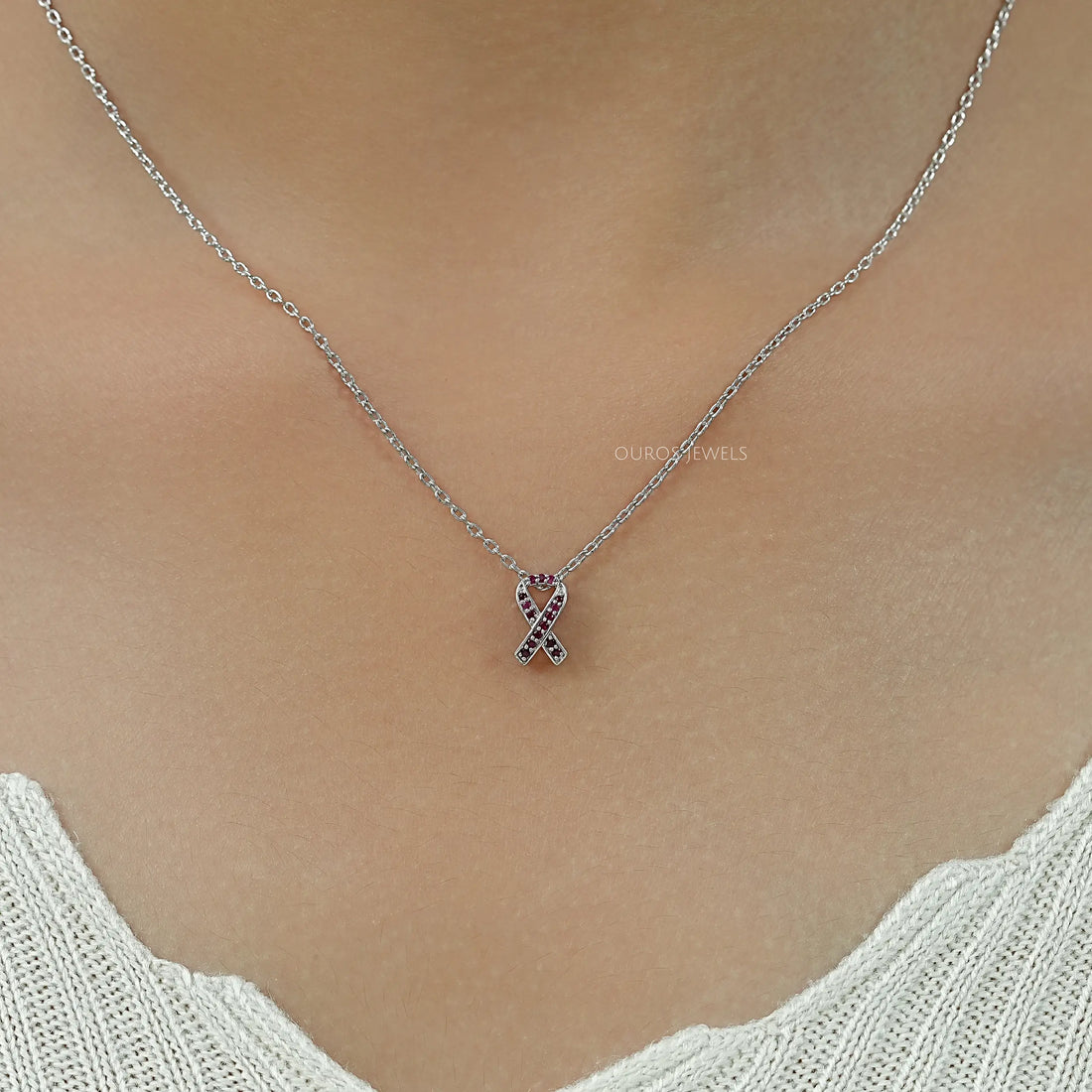 Red Round Gemstone Cancer Ribbon Pendant