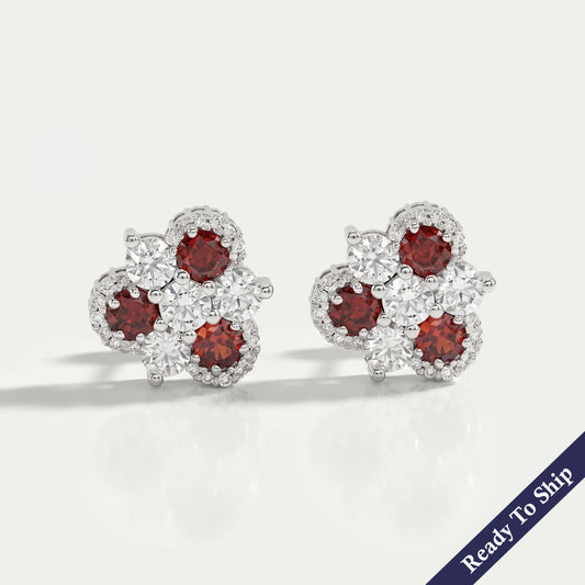 Red Ruby Three Stone Stud Earring