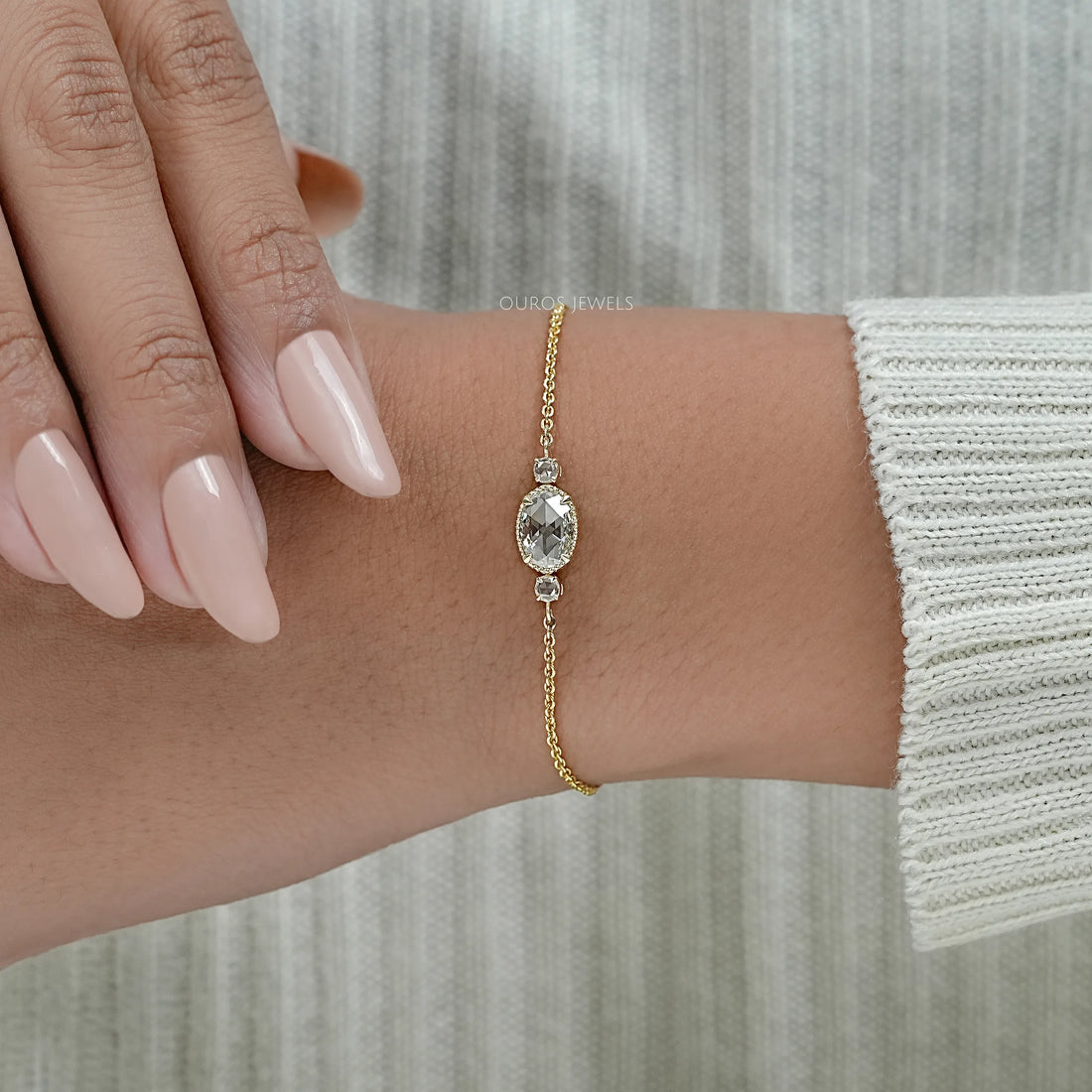 Three Stone Rose Cut Oval Bezel Chain Bracelet Bracelet
