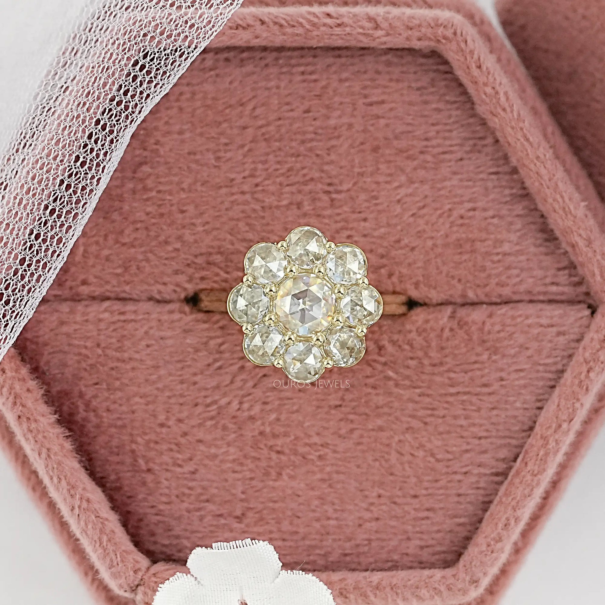 Rose Cut Round Diamond Halo Engagement Ring