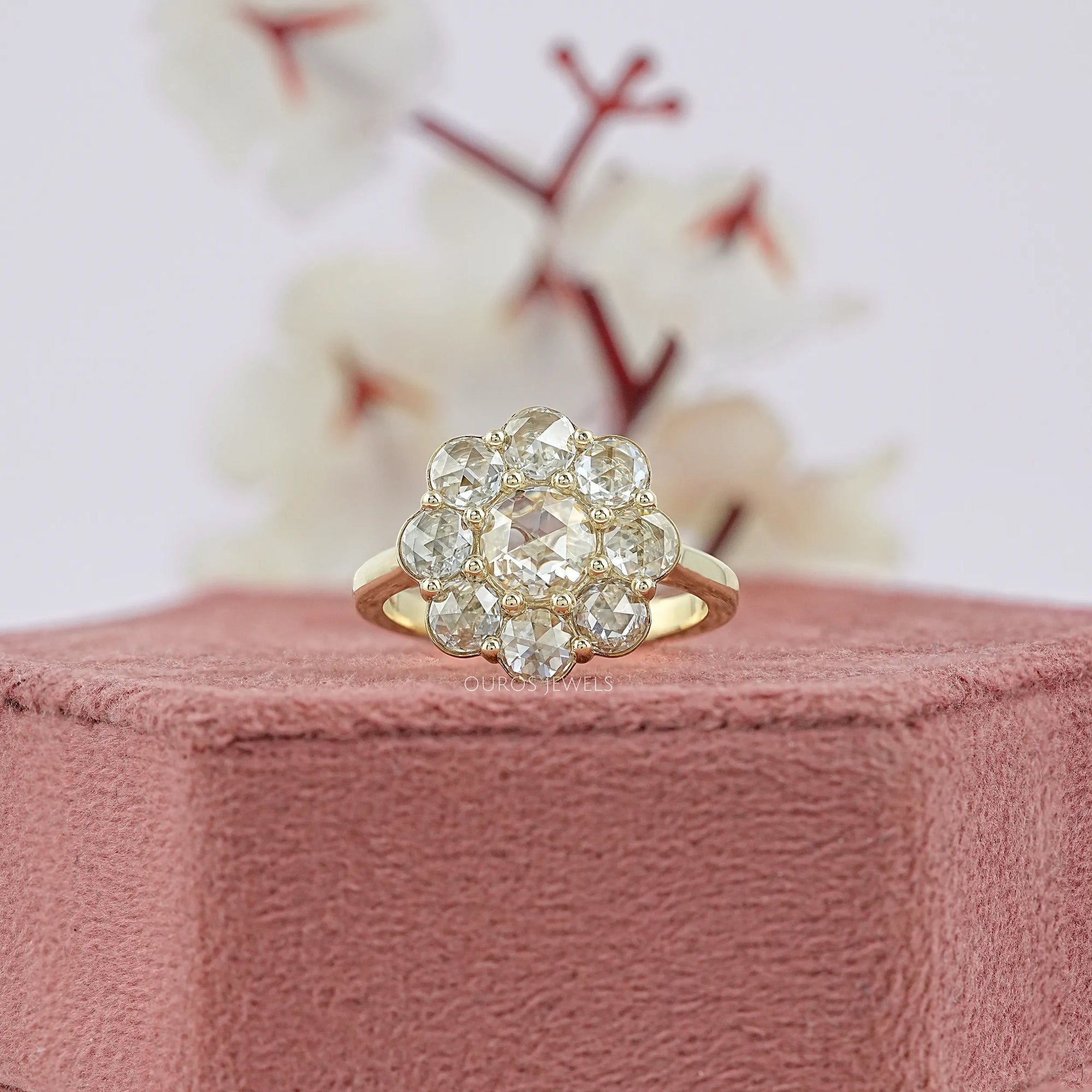 Rose Cut Round Diamond Halo Engagement Ring
