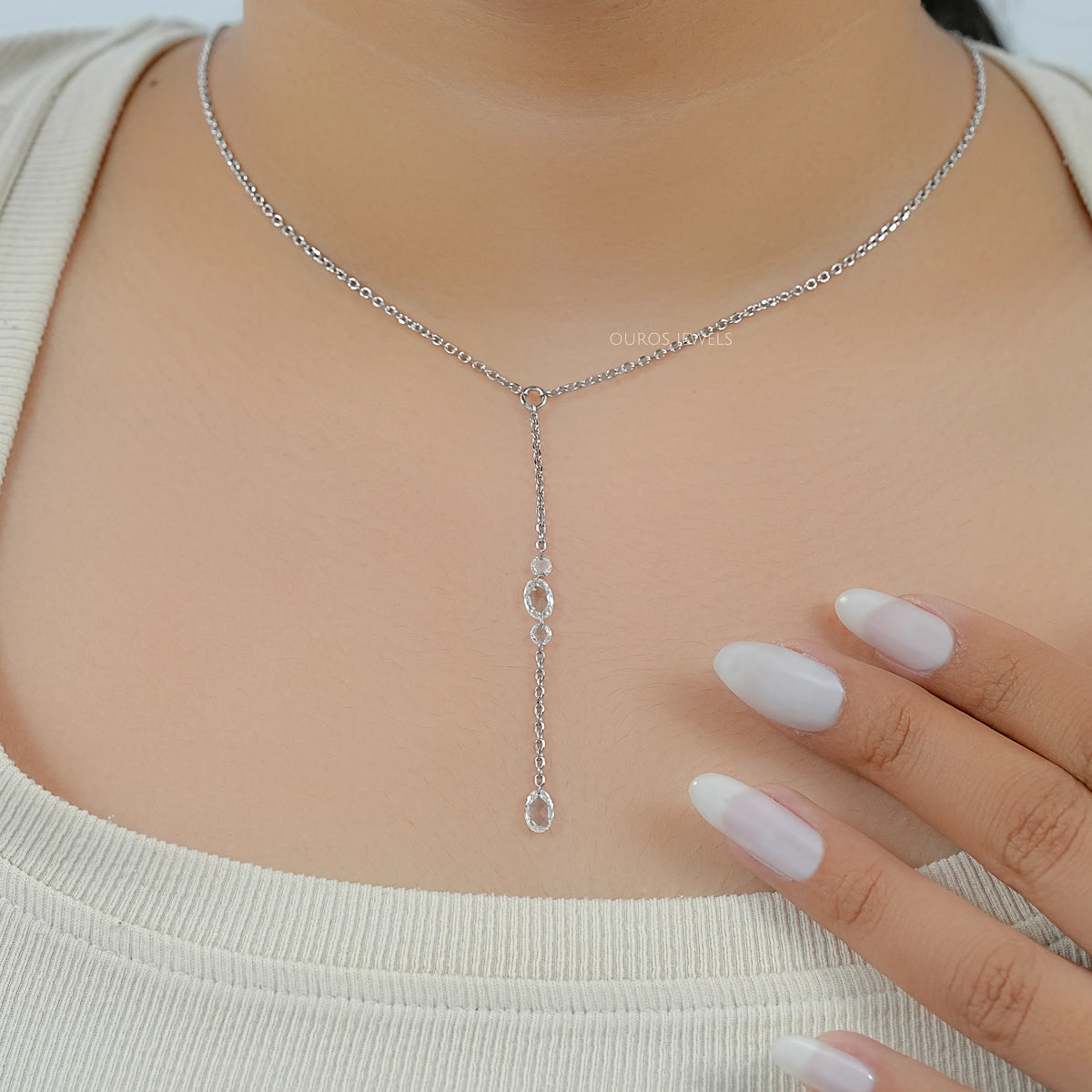 Rose Cut Oval And Round Diamond Lariat Necklace