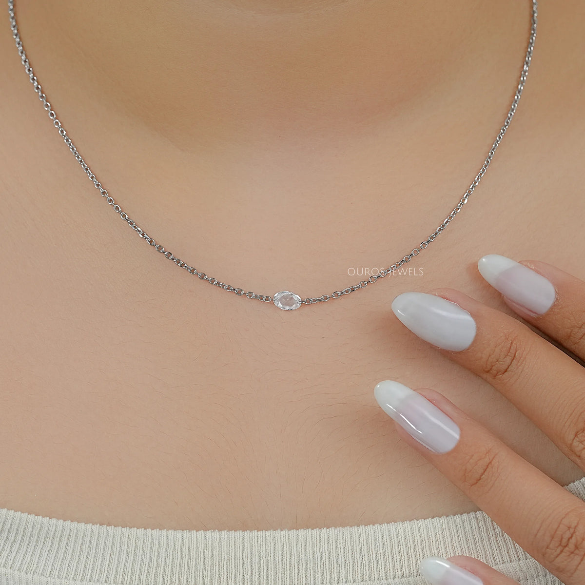 East West Rose Cut Oval Diamond Solitaire Necklace
