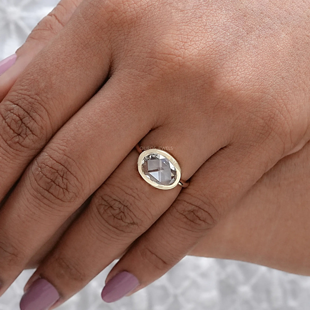 East West Rose Cut Oval Lab Diamond Bezel Solitaire Ring Rings