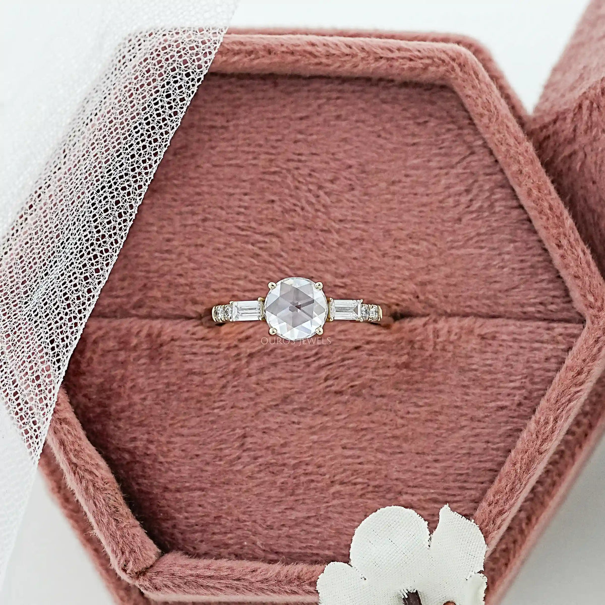 Rose Cut Round And Baguette Diamond Accent Ring