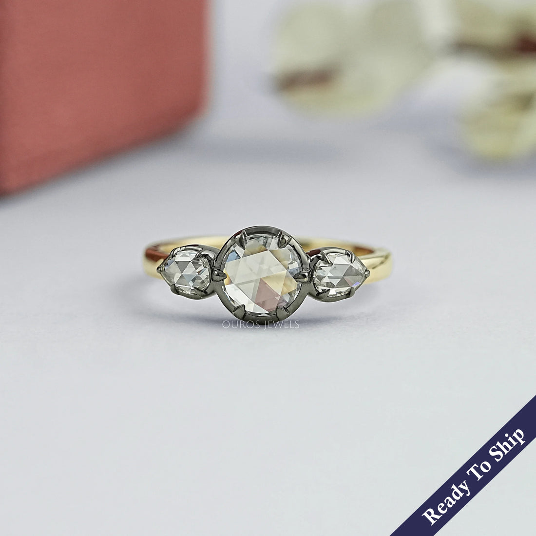 Rose Cut Round And Pear Diamond Engagement Ring Ring