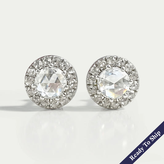 Rose Cut Round Diamond Halo Stud Earrings Earring