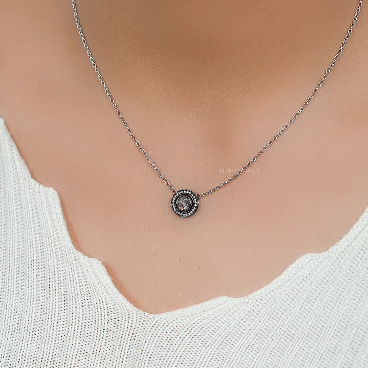 Rose Cut Round Diamond Halo Necklace