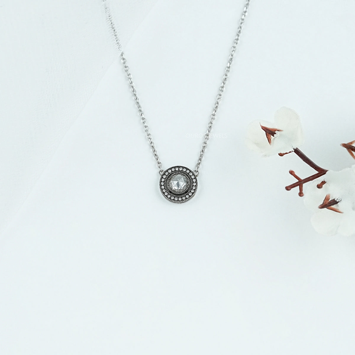 Rose Cut Round Diamond Halo Necklace
