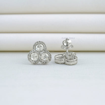 Trio Rose Cut Round Diamond Halo Stud Earrings Earring