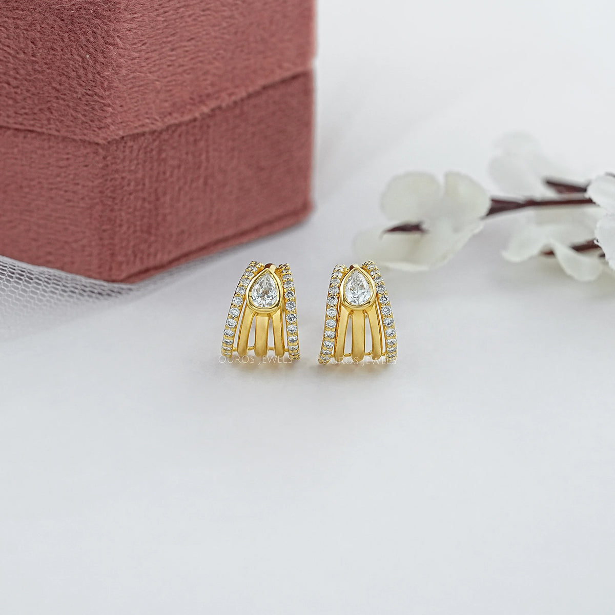 Multi Row Bezel Pear Diamond C Hoop Earrings