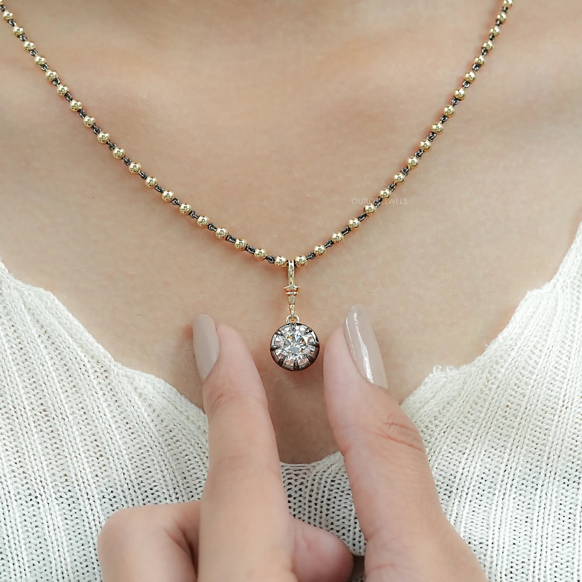Round Cut Diamond Ball Chain Pendant Necklaces