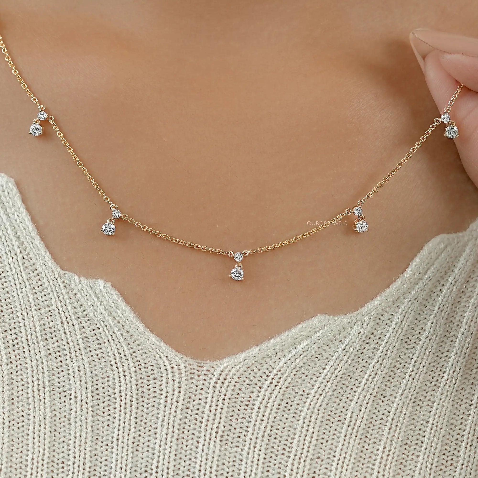 Round Diamond Drop Station Necklace Necklaces